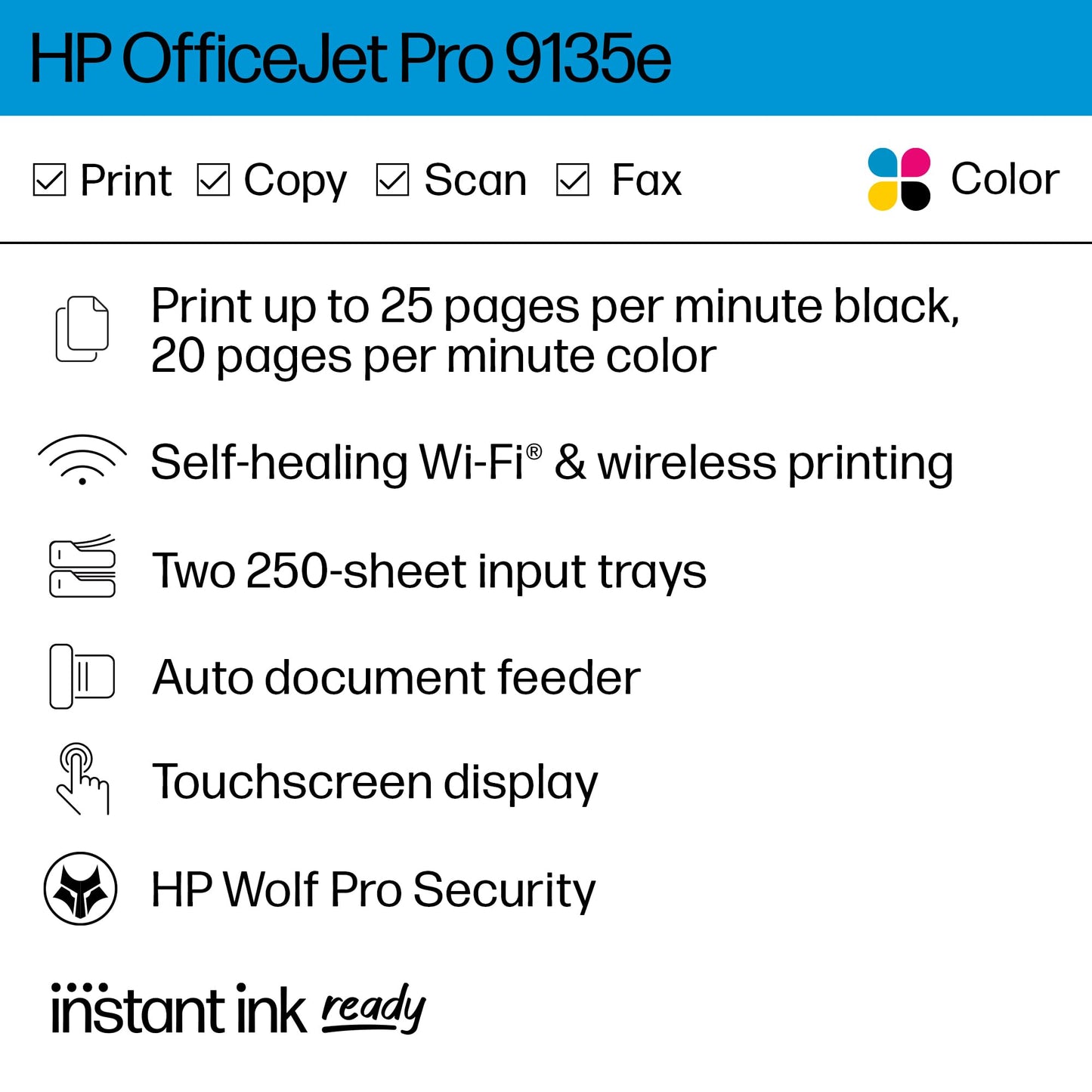 HP OfficeJet Pro 9135e Wireless All-in-One Color Inkjet Printer, Print, scan, Copy, fax, ADF, Duplex Printing Best for Office, 3 Months of Ink Included (404M0A)