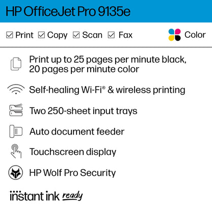 HP OfficeJet Pro 9135e Wireless All-in-One Color Inkjet Printer, Print, scan, Copy, fax, ADF, Duplex Printing Best for Office, 3 Months of Ink Included (404M0A)