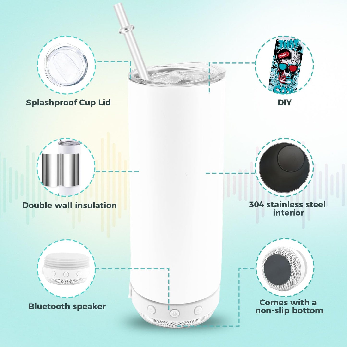 20oz Sublimation Tumbler Blank Bluetooth Tumbler with Straw and Lid, Double-Wall Stainless Steel Vacuum Insulation cups, RemovableRechargeable Bluetooth Wireless Speaker