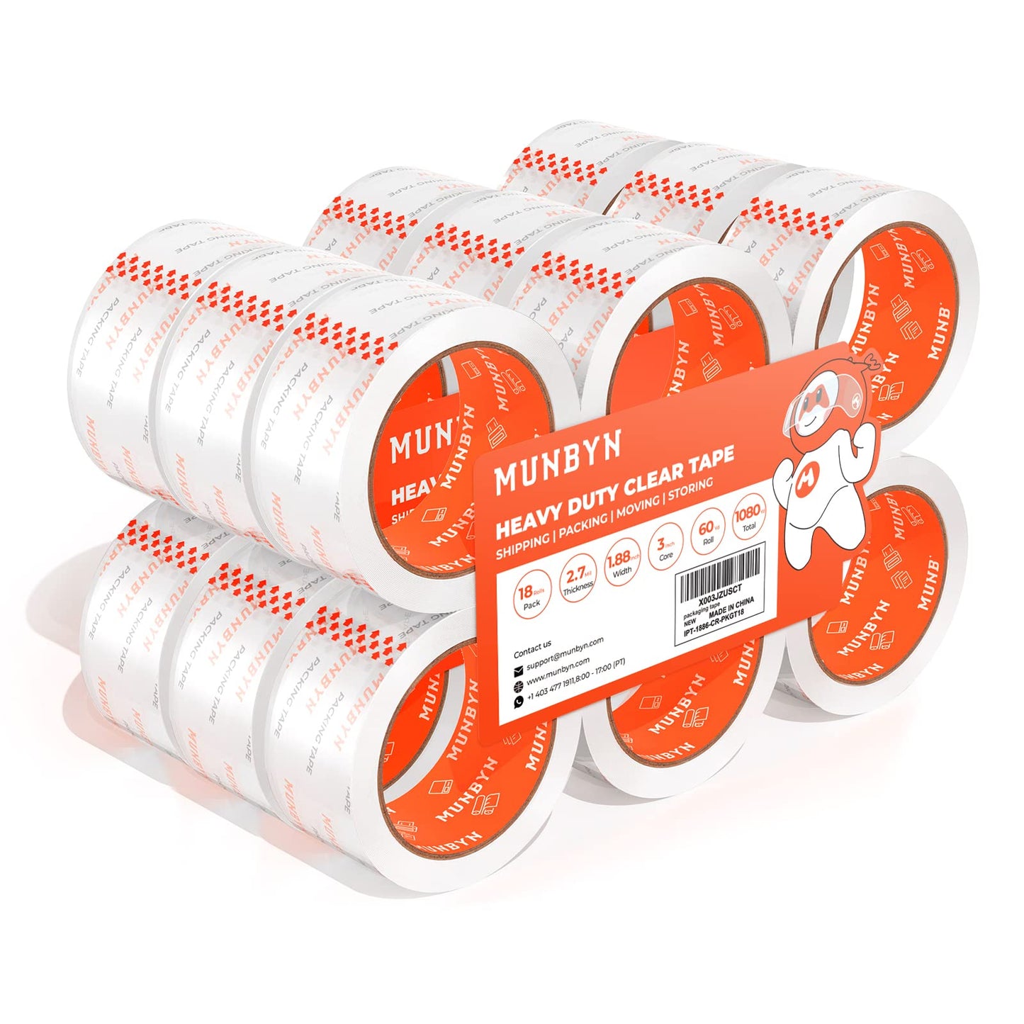 MUNBYN Packing Tape, Heavy Duty Shipping Tape with Total 360 Yards, 2.7mil, 1.88" *60 Yard(Per Rolls) Great for Shipping Packing Moving Mailing Office Storage, Clear Tape Refill for Dispenser