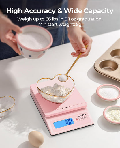 MUNBYN Shipping Scale, Accurate 66lb/0.1oz Postal Scale with Sweet Pink Style, Hold/Tear/PCS Function, Auto-Off, Battery & AC Adapter, Back-Lit LCD Display, Digital Scale for Packages and Food