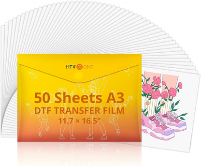 HTVRONT DTF Transfer Film for Sublimation - 50 Sheets of A3 (11.7×17") DTF Paper for Inkjet Printers, Direct to Film Transfer Paper for Cotton T Shirts, Easy to Use, Vivid Colors, Easy to Indentify