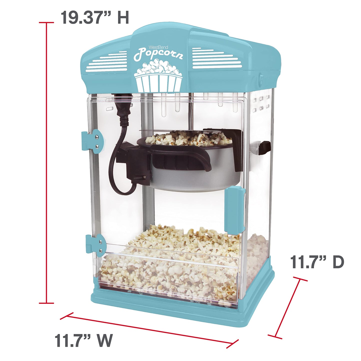 West Bend Stir Crazy Movie Theater Popcorn Popper, Gourmet Popcorn Maker with Nonstick Popcorn Kettle, Measuring Tool and Scoop , 4 Qt, Blue