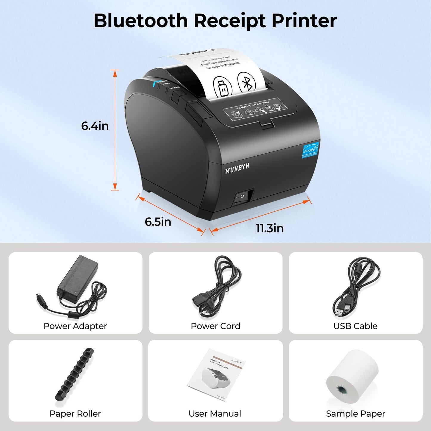 MUNBYN Bluetooth Thermal Receipt Printer P047, 80mm POS Printer, Thermal Printer with USB Serial Ethernet, Bluetooth, Support Android Windows PC Ubereats Do Not Support Paypal Doordash Grubhub(Black)