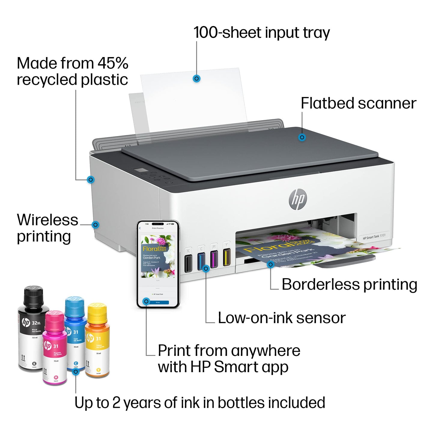 HP Smart -Tank 5101 Wireless Cartridge-free all in one printer, up to 2 years of ink included, mobile print, scan, copy (1F3Y0A) , White