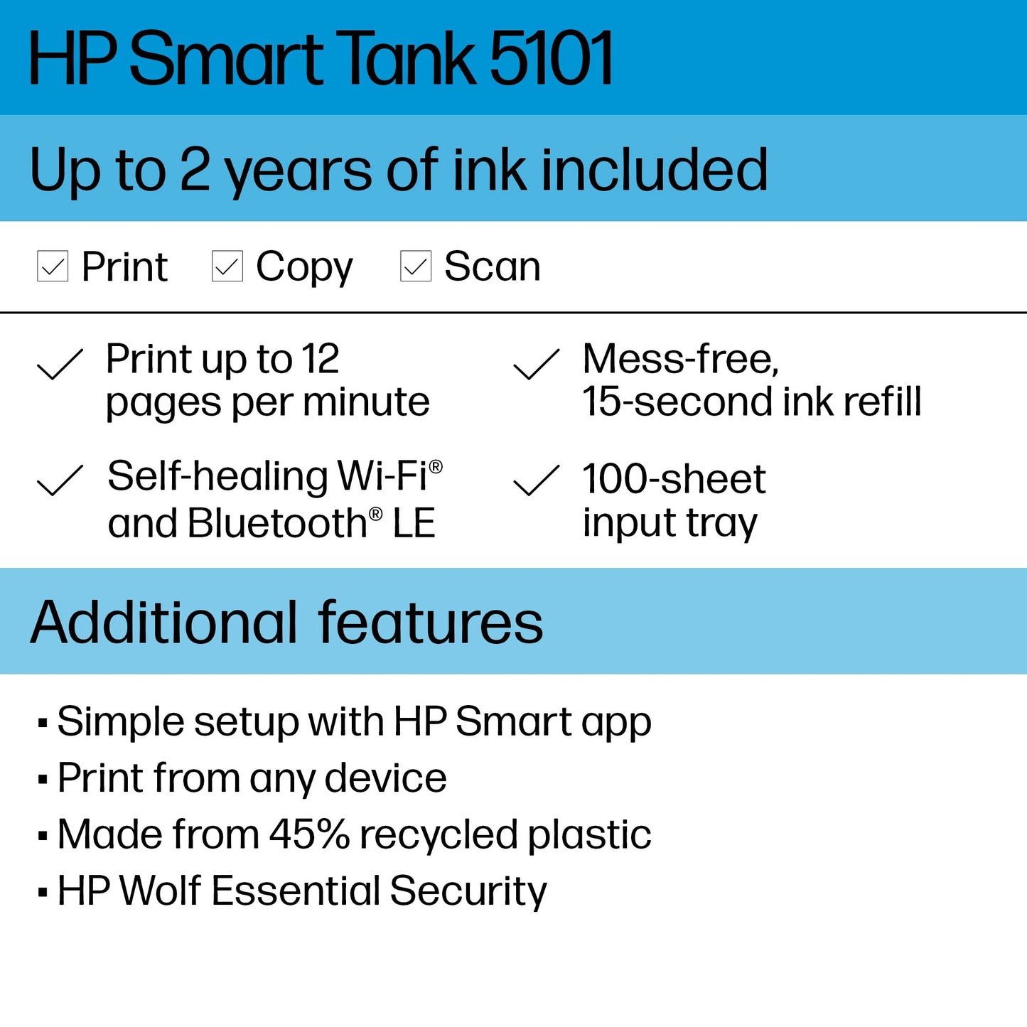 HP Smart -Tank 5101 Wireless Cartridge-free all in one printer, up to 2 years of ink included, mobile print, scan, copy (1F3Y0A) , White