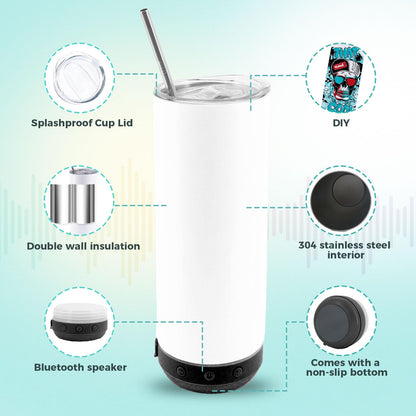 20oz Sublimation Tumbler Blank Bluetooth Tumbler with Straw and Lid, Double-Wall Stainless Steel Vacuum Insulation cups, RemovableRechargeable Bluetooth Wireless Speaker