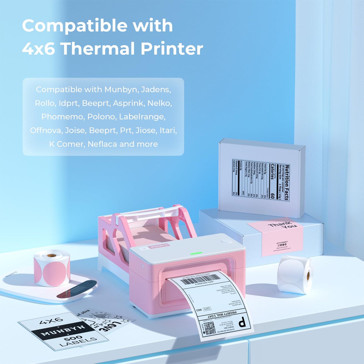 MUNBYN Thermal Direct Shipping Label (Pack of 500 4x6 Per Fanfold Labels) - Commercial Grade