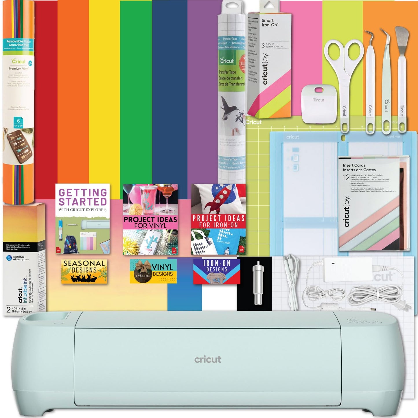 Cricut Explore 3 Machine Ultimate Bundle- with Rainbow Vinyl Sampler, Infusible Ink, Card Making Kit, Iron-On Sampler Rolls, Weeding Tools and Cutting Mats, Beginner Cutting Machine Materials Set