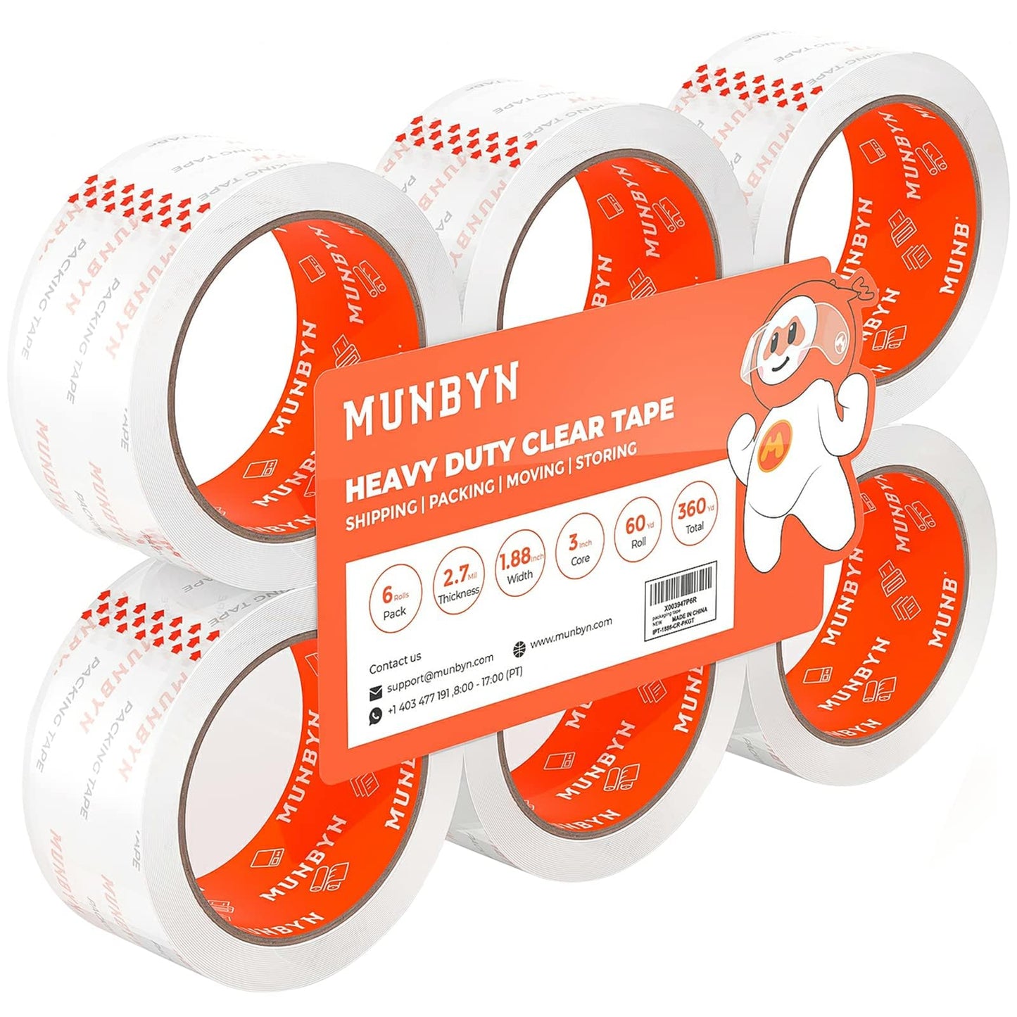 MUNBYN Packing Tape, Heavy Duty Shipping Tape with Total 360 Yards, 2.7mil, 1.88" *60 Yard(Per Rolls) Great for Shipping Packing Moving Mailing Office Storage, Clear Tape Refill for Dispenser