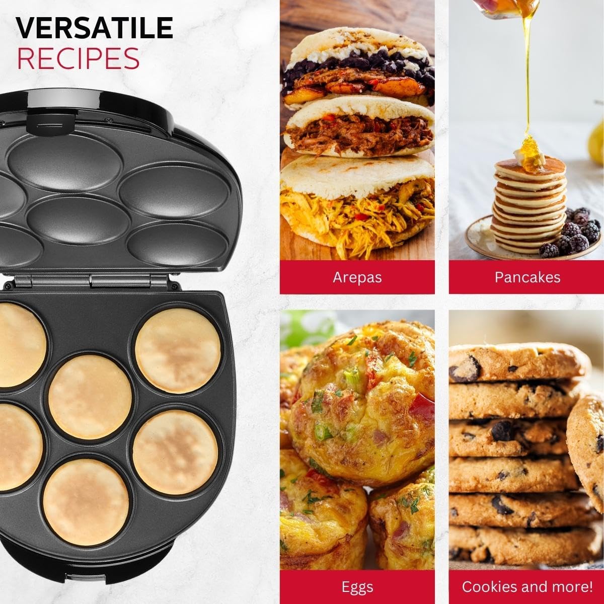 Holstein Housewares Arepa Maker - Non-Stick 6-Section Multi-Food Maker - Make Delicious Arepas, Pancakes, Corncakes, Tosti Arepa - Easy-to-Use - 6-PC - Black