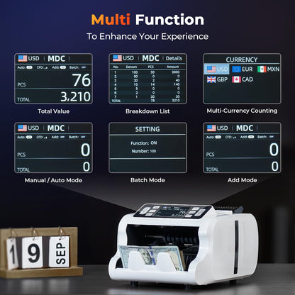 MUNBYN IMC09 Mixed Denomination Money Counter Machine, Value Counting, UV/MG/IR/MT Bill Counter, 3.5" TFT Display Money Counting Machine Printer Enabled, USD, EUR, MXN Cash Counter for Business(Black)