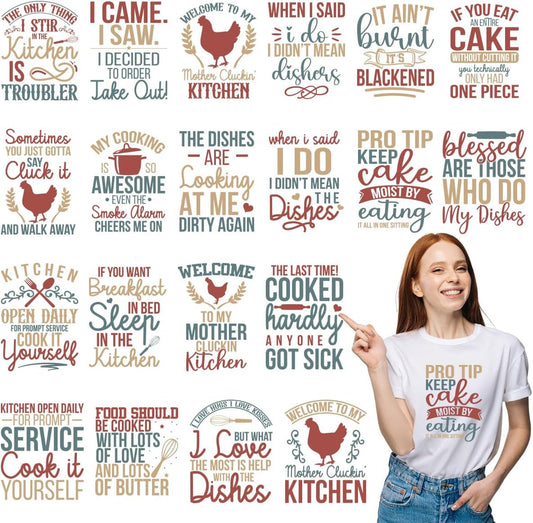 Dtf Transfers Ready to Press - 20Pcs Funny Kitchen Quotes Iron on Transfers for Tshirts Kitchen Designs Iron on Decals Cooking Baking Heat Transfer Vinyl Stickers for Clothing Pillows Bag DIY Crafts