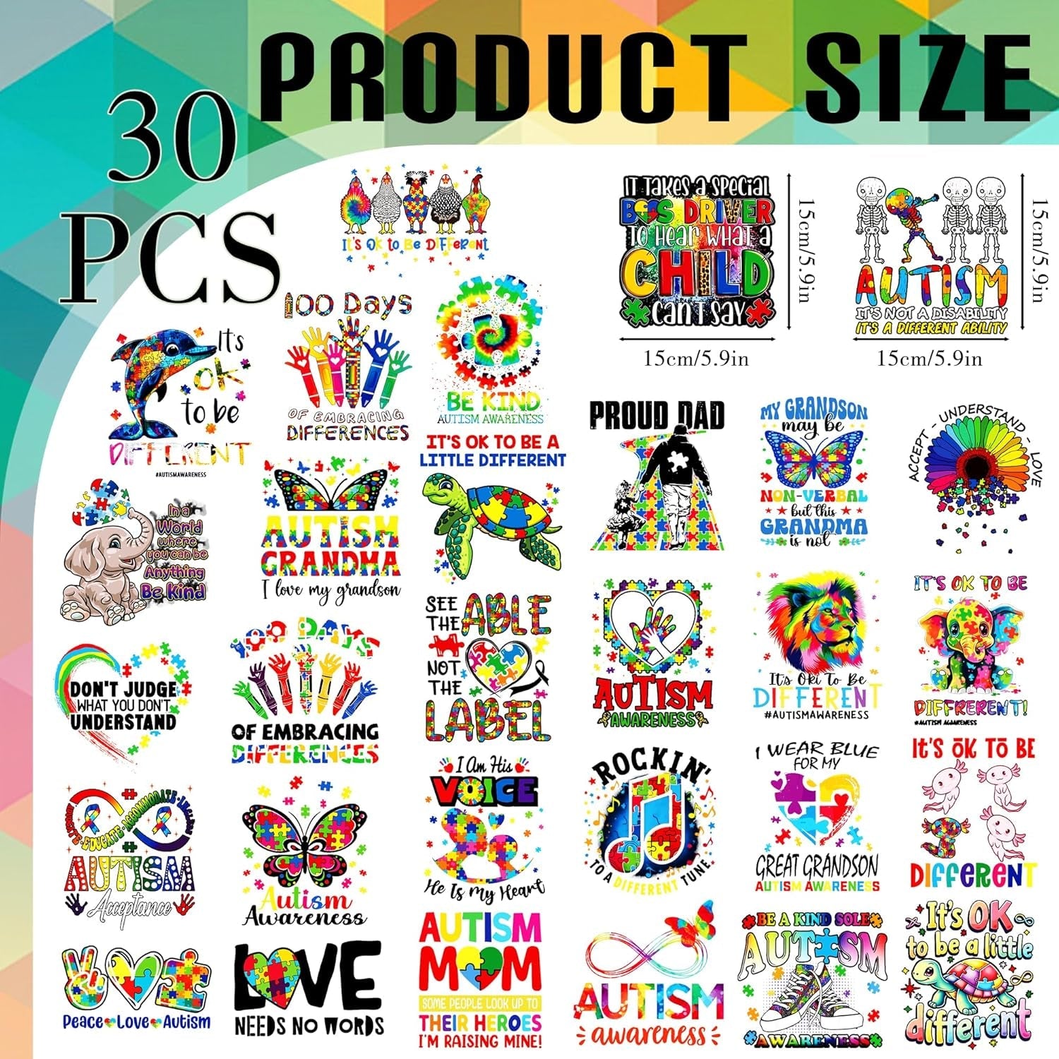 Dazoratix Autism Awareness Iron on Transfers - 30 Sheets DTF Ready to Press Puzzle Rainbow Heat Patches Animals Decals Vinyl Stickers for Kids Baby T Shirts Clothes Pillow Bag DIY Crafts Decorations