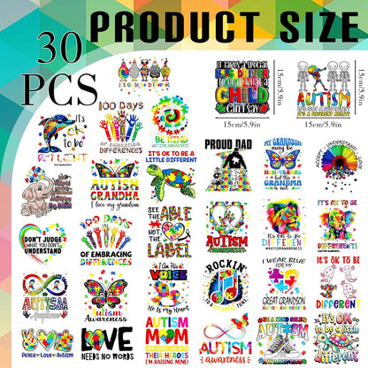 Dazoratix Autism Awareness Iron on Transfers - 30 Sheets DTF Ready to Press Puzzle Rainbow Heat Patches Animals Decals Vinyl Stickers for Kids Baby T Shirts Clothes Pillow Bag DIY Crafts Decorations