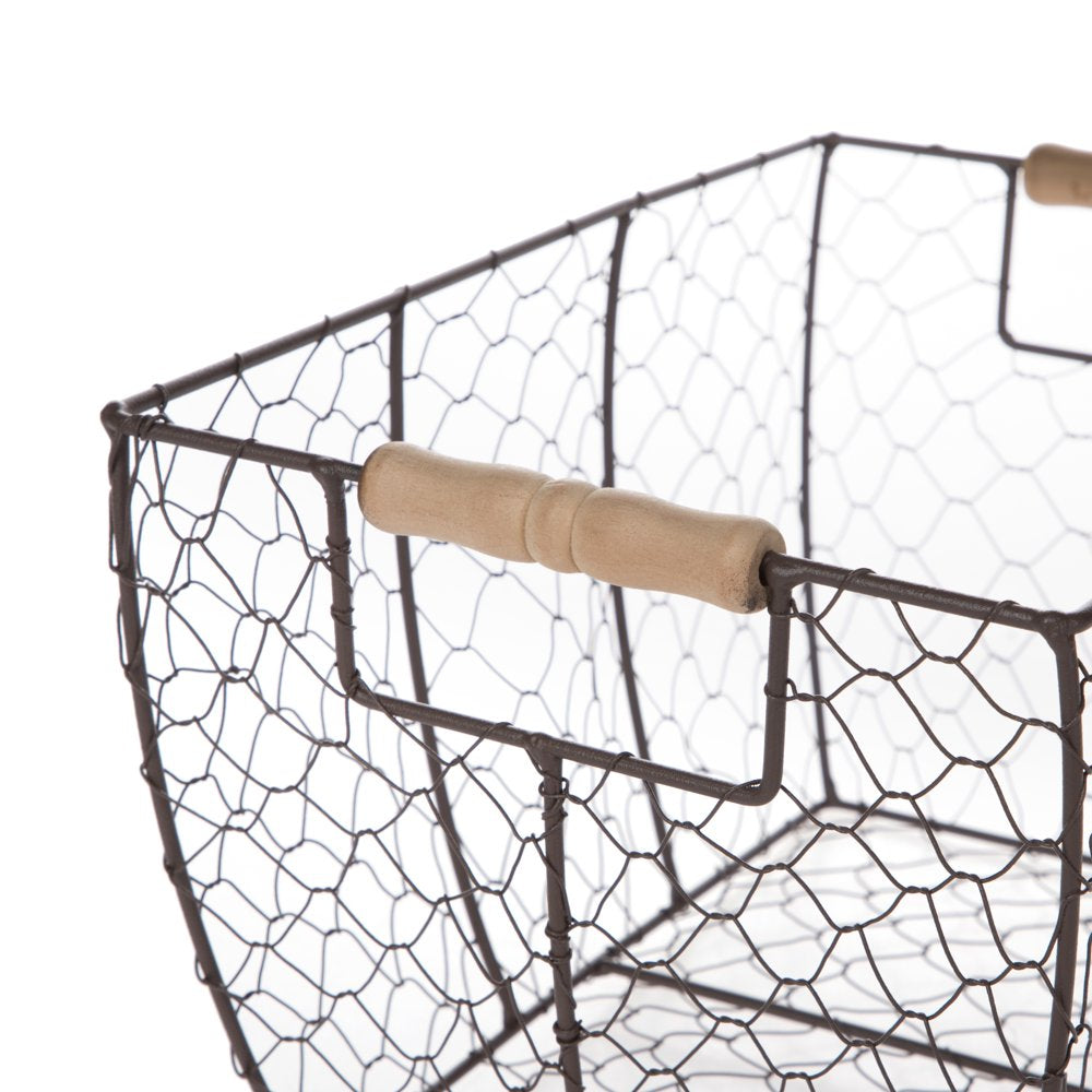 Decorative Brown Chicken Wire Basket with Wood Handles. 12.2X8X7.28