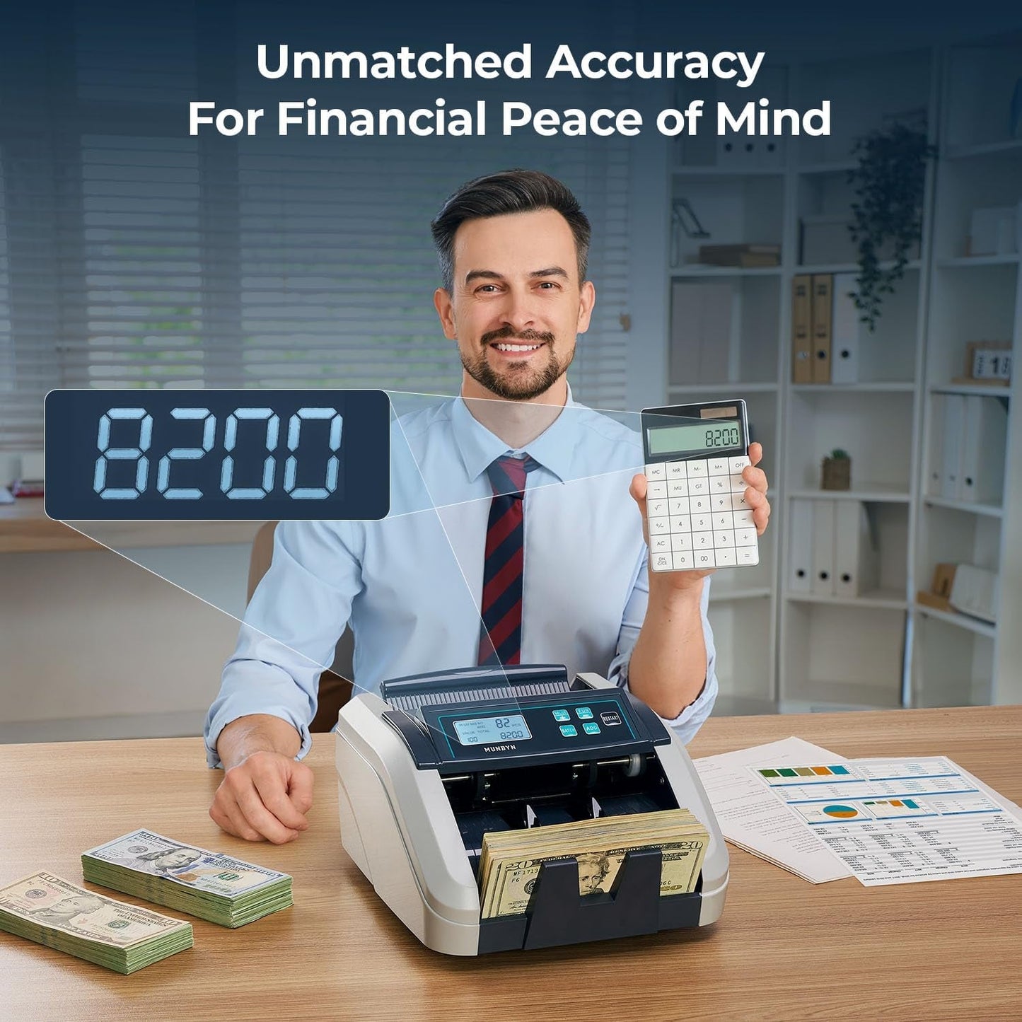 MUNBYN IMC51 Money Counter Machine Count Value, Add+Batch/Add+ Value Mode Bill Counter, UV/MG/IR/MT Detection, USD Only Cash Counter,1100 Bills/Min, Money Counting Machine with LCD Display (Gray)