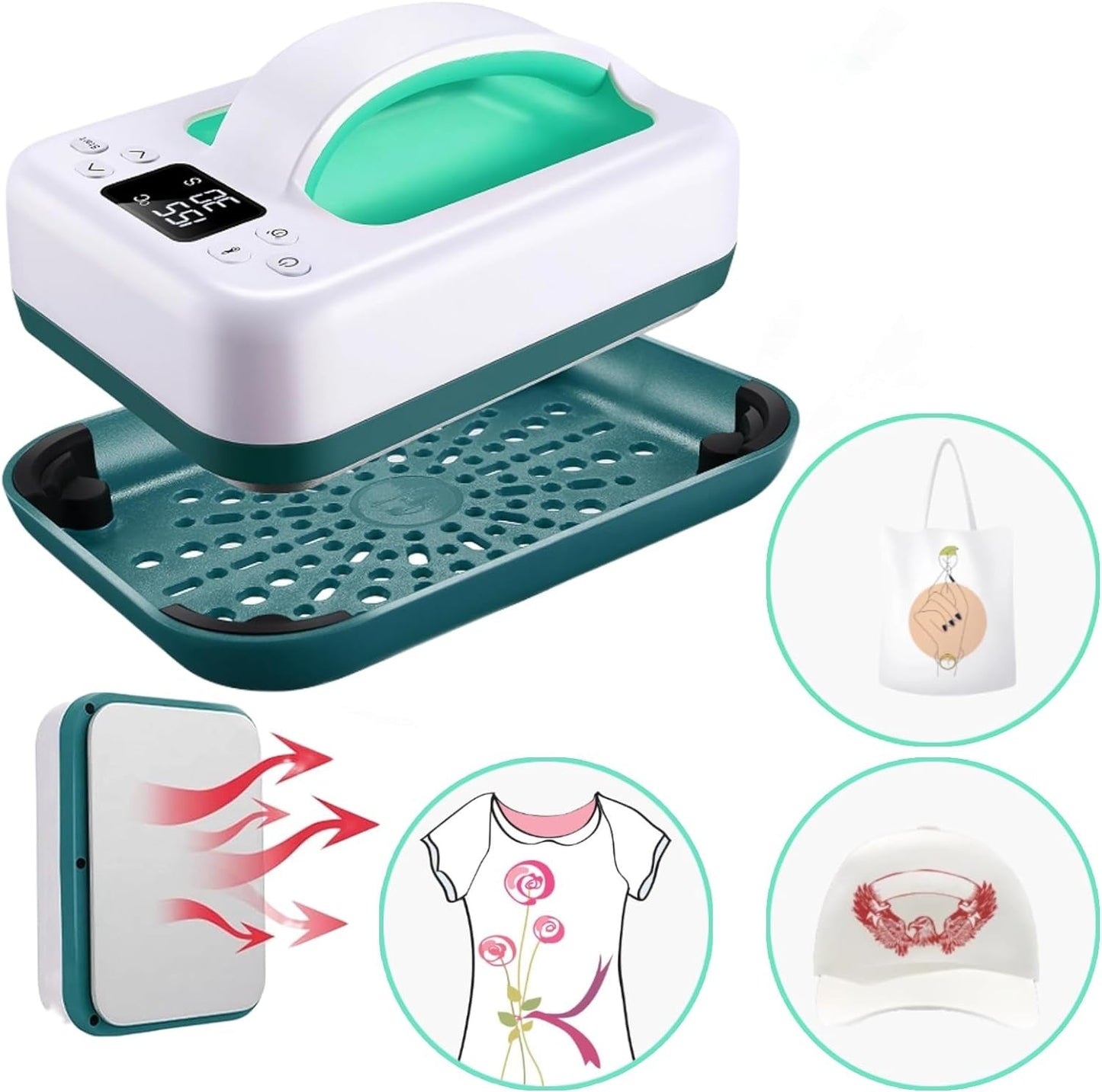 Heat Press Machine for T Shirts, 7" × 5" Portable Mini Heat Press Fast Even Heat, Easy Press T Shirt Printer Machine with Insulated Base,For Sublimation, Htv, Heat Transfer Projects(Green)