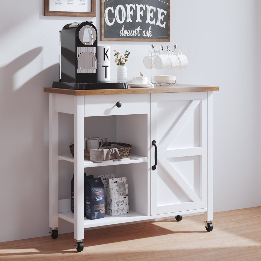 Farmhouse Kitchen Cart, Rolling Kitchen Cart with Storage, Microwave Stand Coffee Cart, White