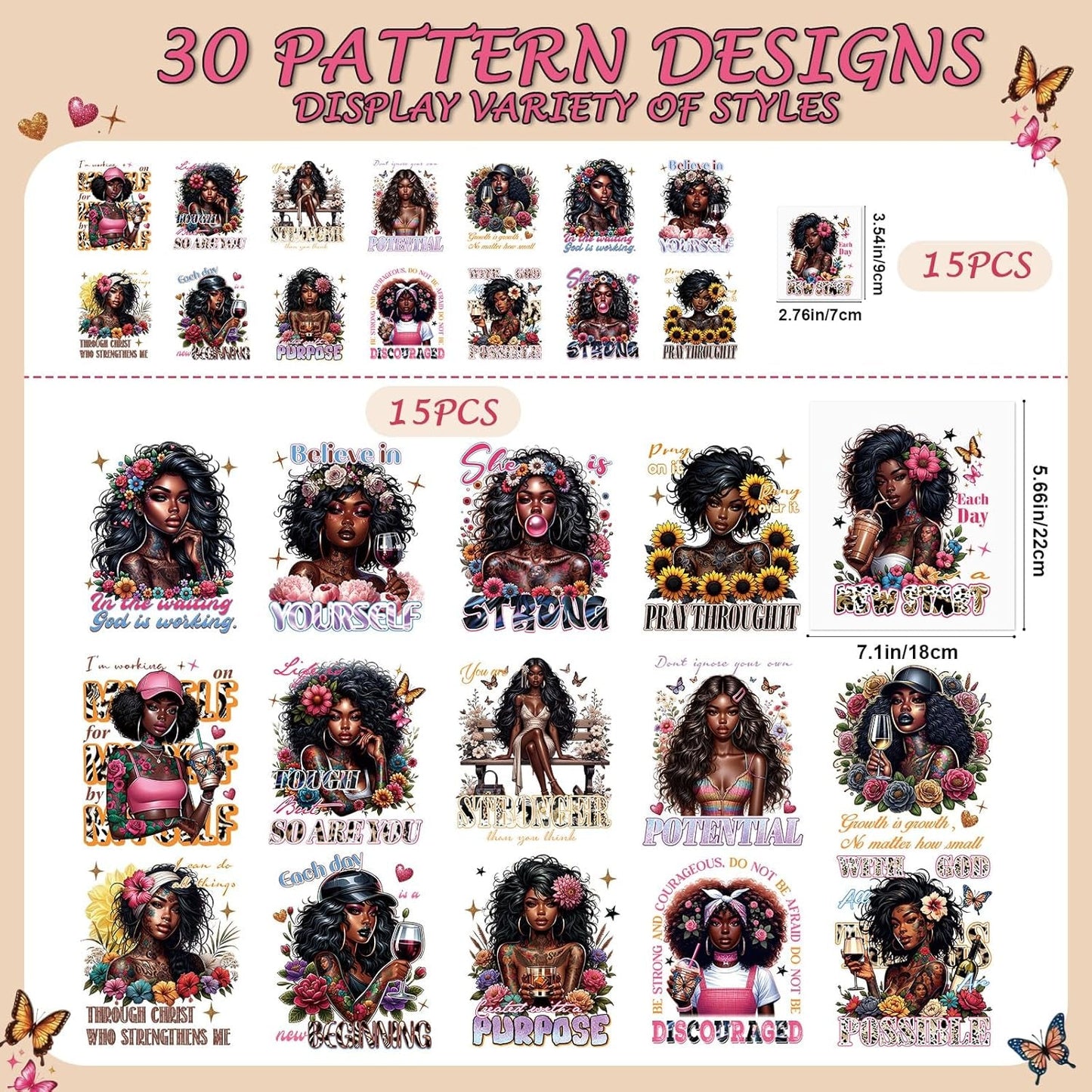 Dtf Transfers Ready to Press - 30Pcs Black Girls Iron on Transfers for Tshirts, Inspirational Quotes Iron on Decals Patches, African American Heat Transfer for DIY Clothes Jeans Bags Hats