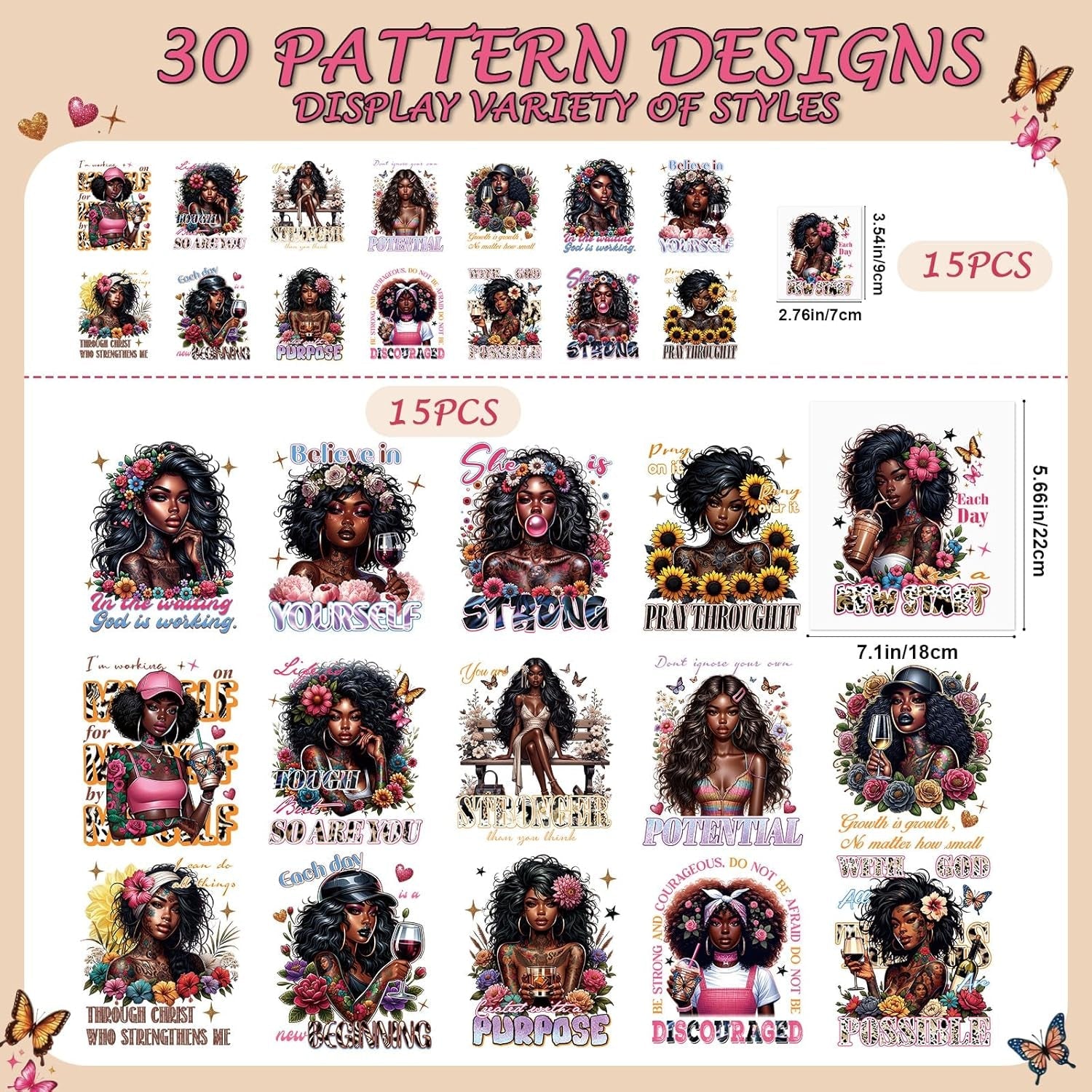 Dtf Transfers Ready to Press - 30Pcs Black Girls Iron on Transfers for Tshirts, Inspirational Quotes Iron on Decals Patches, African American Heat Transfer for DIY Clothes Jeans Bags Hats