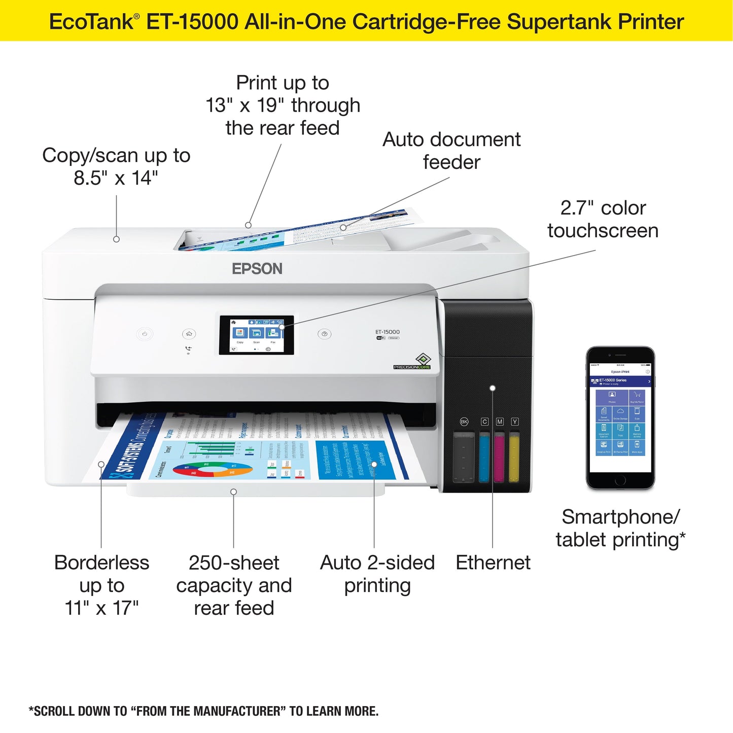 Ecotank ET-15000 Wireless Color All-In-One Supertank Printer with Scanner, Copier, Fax, Ethernet and Printing up to 13 X 19 Inches