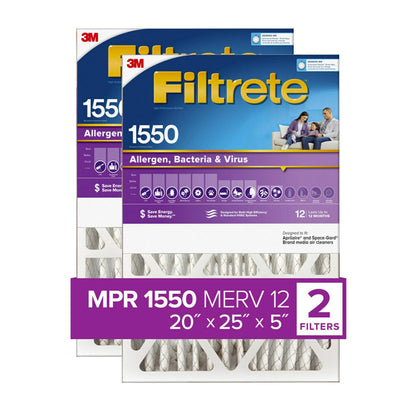 Filtrete Air Filter 5”, MPR 1550 MERV 12, Ultra Allergen, Bacteria, and Virus Deep Pleat Filter, 2-Pack