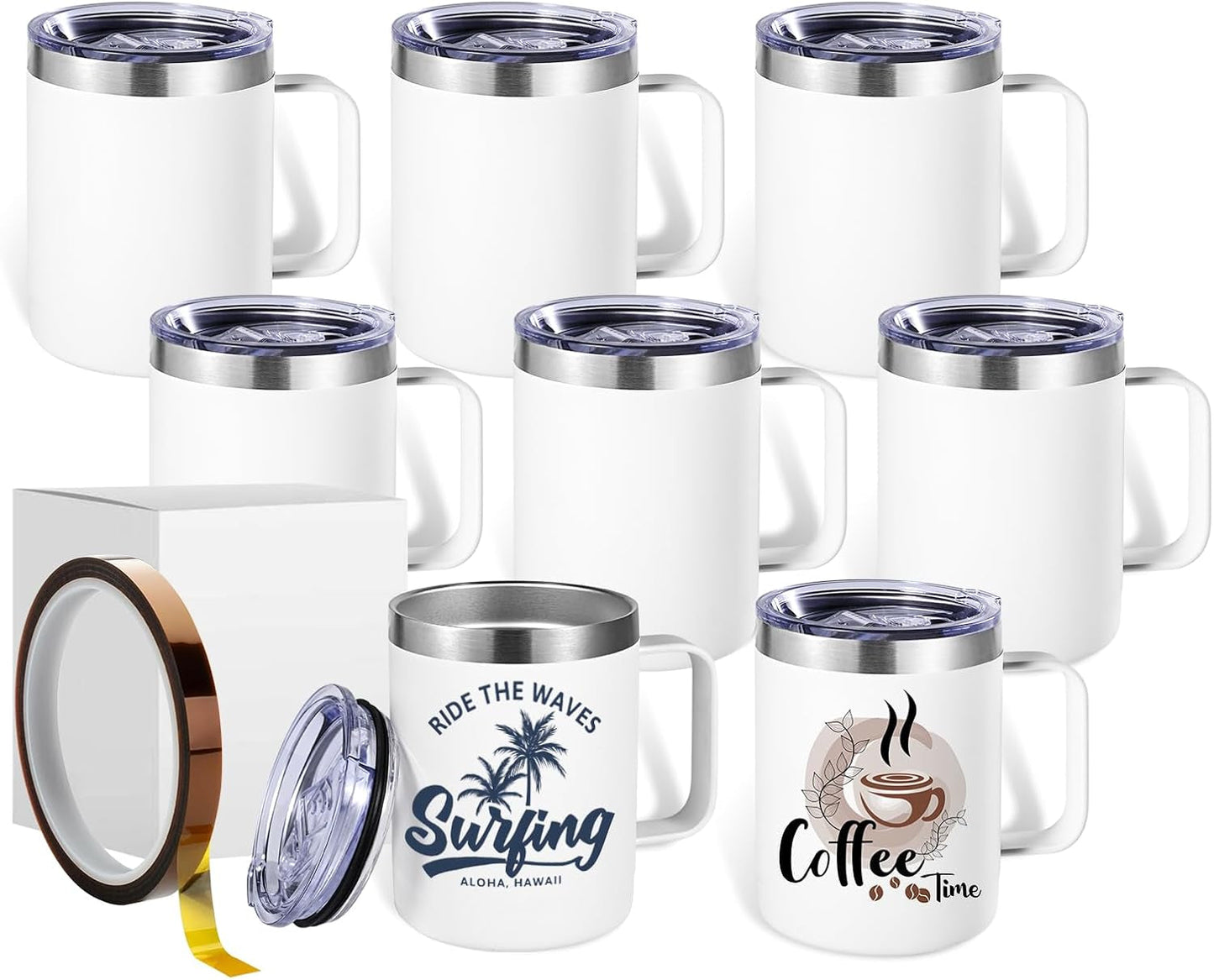 Colorsub 12Oz Sublimation Coffee Mugs with Handle Straight Matte Travel Coffee Cups Insulated Stainless Steel Tumblers with Gift Box, Heat Tape for Hot Cold Drinks, 8 Pack