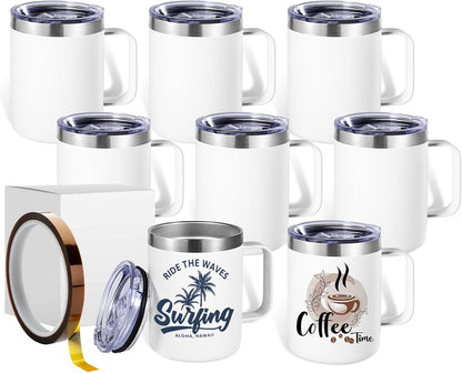 Colorsub 12Oz Sublimation Coffee Mugs with Handle Straight Matte Travel Coffee Cups Insulated Stainless Steel Tumblers with Gift Box, Heat Tape for Hot Cold Drinks, 8 Pack