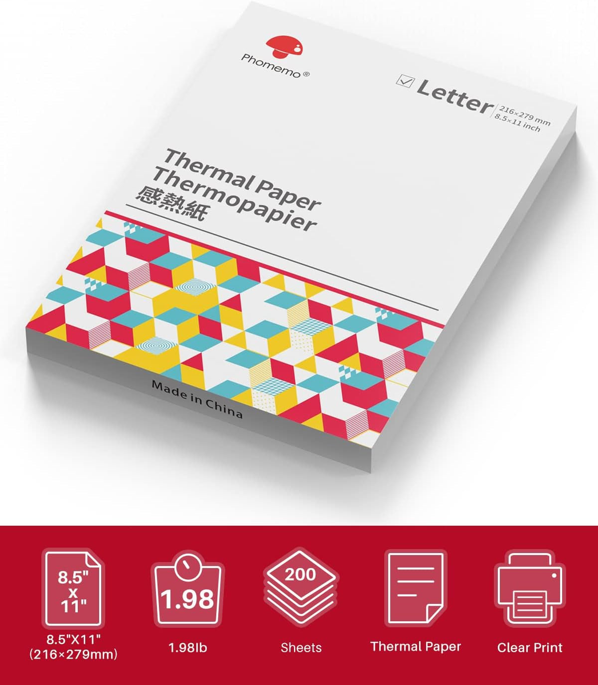 Phomemo US Letter Thermal Printer Paper, Advanced Thermal Printing, Phomemo Paper Compatible with TATTMUSE M08F-Letter, M832, M834, MT800/A285M Portable Printer, 8.5" X 11", 200 Sheets