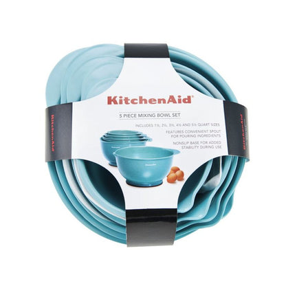 Set of 5 Plastic Mixing Bowls in Aqua Sky with Rubber Bottom