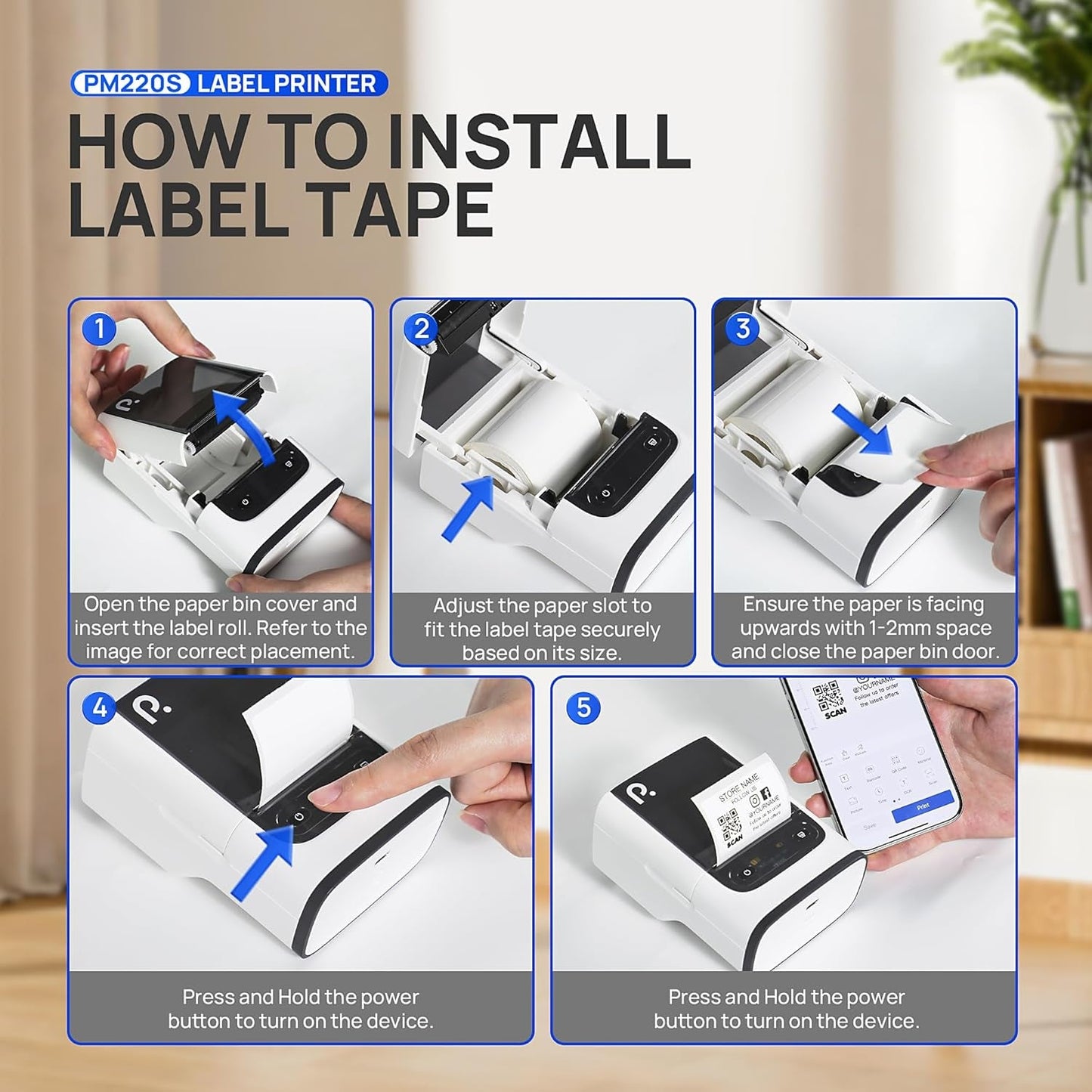 PM220S Label Maker Machine with Tape, 2 Inch Bluetooth Thermal Label Printer, Portable Sticker Printer for School, Office, Home, Business, Label Maker with 2'' X1.18'' Labels, White