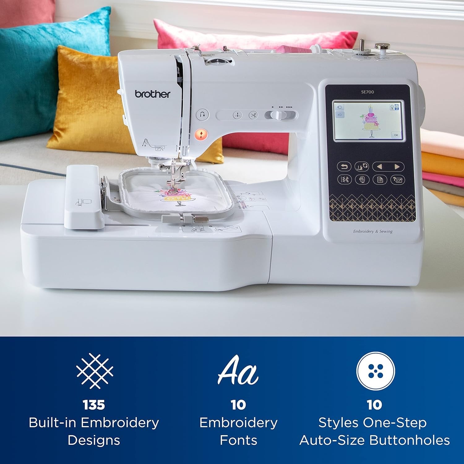 Brother SE700 Sewing and Embroidery Machine, Wireless LAN Connected, 135 Built-In Designs, 103 Built-In Stitches, Computerized, 4" X 4" Hoop Area, 3.7" Touchscreen Display, 8 Included Feet, White