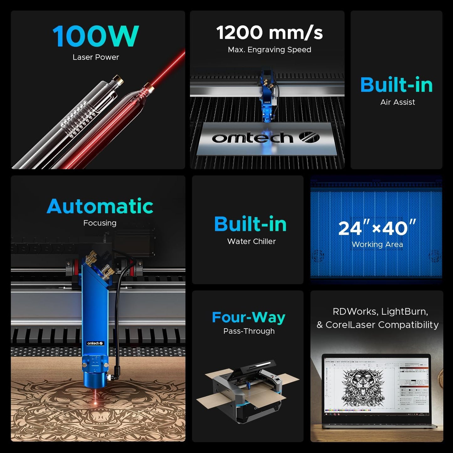 Omtech Pro 100W CO2 Laser Engraver, 40" X 24" Laser Cutter with Built-In Water Chiller 1,200 Mm/S Speed Autofocus 4 Way Pass Air Assist, Laser Cutting Engraving Etching Machine for Wood Acrylic