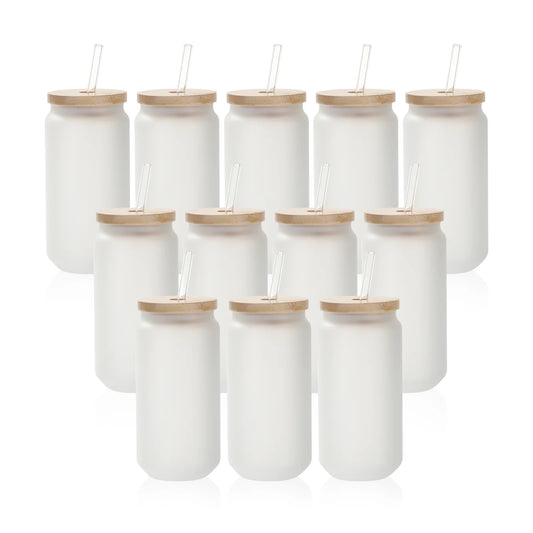 Wholesale 18 OZ Sublimation Blanks Glass Cans Tumblers Frosted Bulk with Bamboo Lid and Glass Straw 12 Pack & 60 Pack & 120 Pack