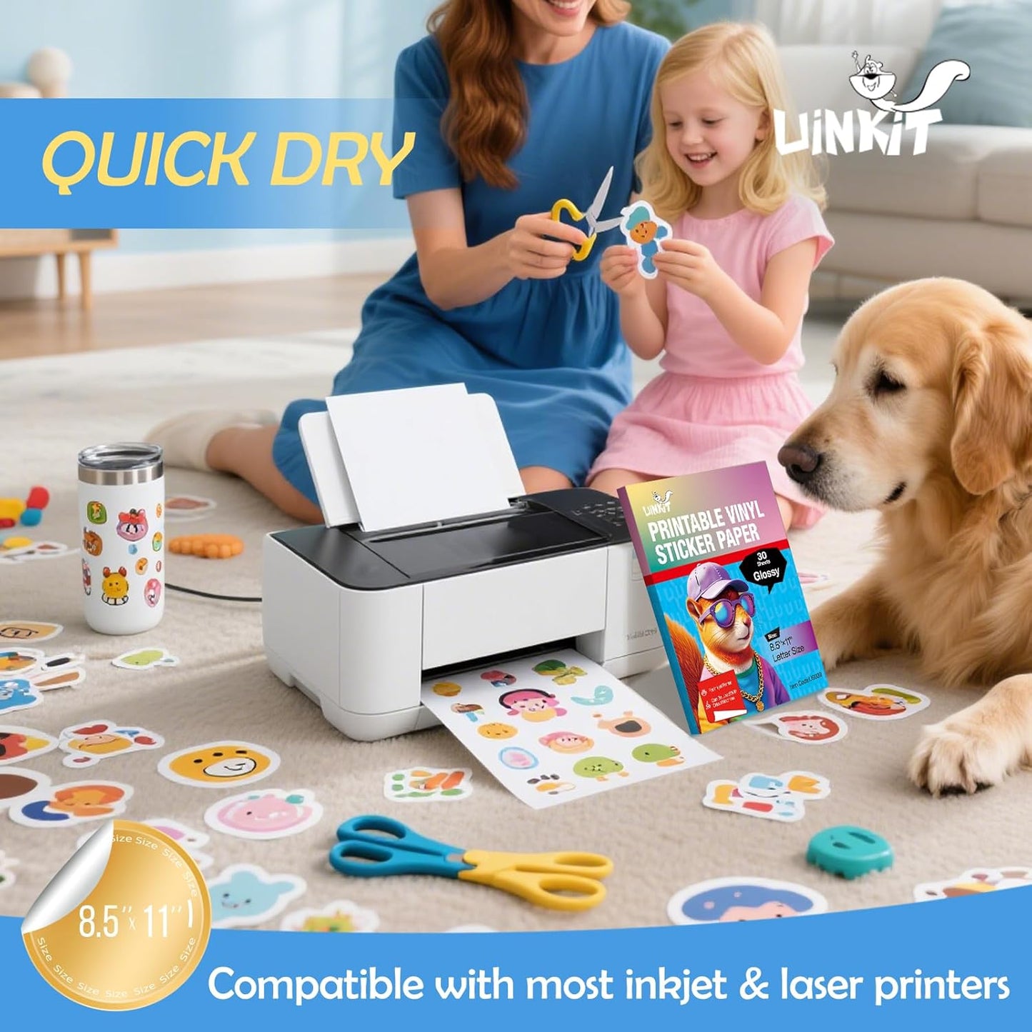 105 Sheets Premium Printable Vinyl Sticker Paper for Inkjet Printer Cricut,Included 100Sheets Glossy and 5Sheets Transparent Label Waterproof Adhesive Dries Quickly Tear-Resistant, Removable