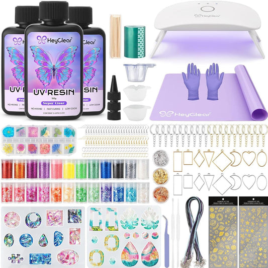 Heyclear UV Resin Molds Jewelry Making Kit with Light -300G Super Clear, Hard, Low Odor, Premixed and Fast Curing for Keychains, Earrings, DIY Craft Decorations