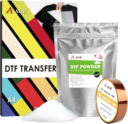 A-SUB DTF Transfer Film and Powder Kit for Sublimation & DTF Printer | 30 Sheets A4 DTF Film, 1.1Lb White Medium Powder, for Printing on Any Fabrics