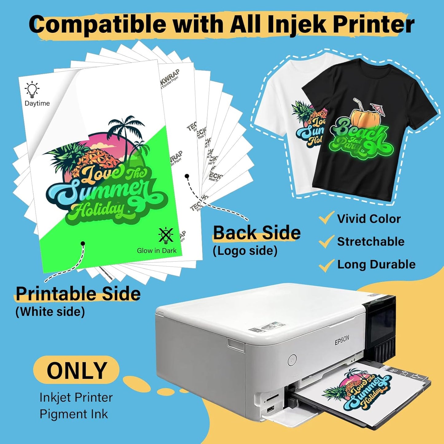 Printable Heat Transfer Paper for T-Shirts 10 Sheets, 8.3" X 11.7" Printable Heat Transfer Vinyl for Inkjet Printer, Iron on Transfer Paper for Light and Dark Fabric (Glow in Dark)