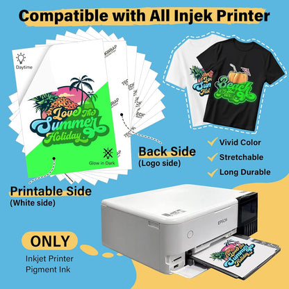 Printable Heat Transfer Paper for T-Shirts 10 Sheets, 8.3" X 11.7" Printable Heat Transfer Vinyl for Inkjet Printer, Iron on Transfer Paper for Light and Dark Fabric (Glow in Dark)