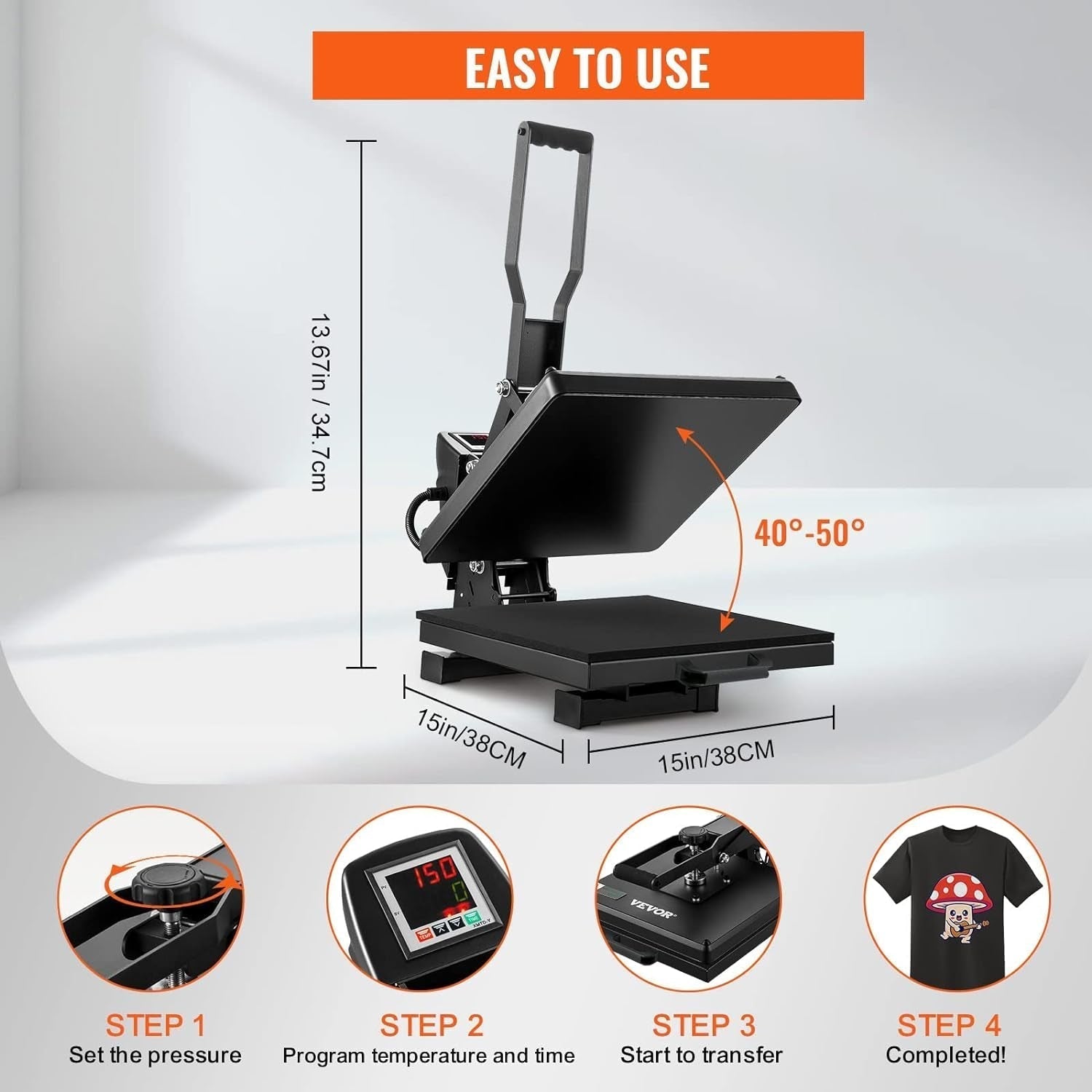 Heat Press, 15X15 Power Heat Press Machine, Fast Heating, High Pressure Heat Press Machine for T-Shirt, Digital Industrial Sublimation Printer for Heat Transfer Vinyl, Easy to Use, Black