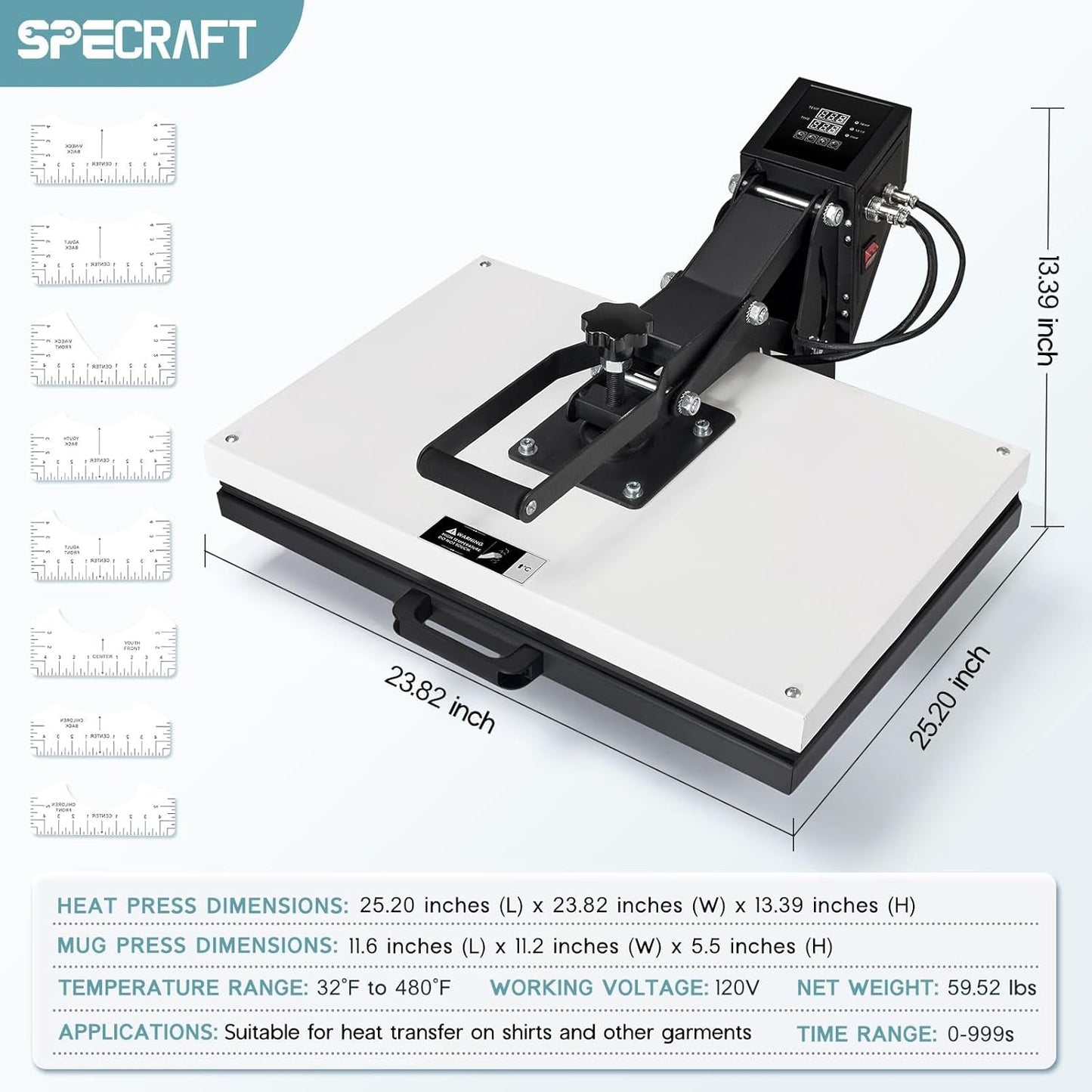 SPECRAFT 16X24 Heat Press, Industrial Digital Sublimation Machine for T-Shirts, Clamshell Design with Sewing Rulers, White