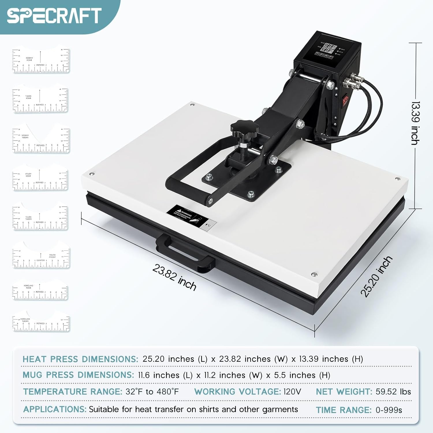 SPECRAFT 16X24 Heat Press, Industrial Digital Sublimation Machine for T-Shirts, Clamshell Design with Sewing Rulers, White