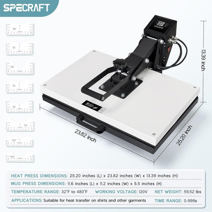 SPECRAFT 16X24 Heat Press, Industrial Digital Sublimation Machine for T-Shirts, Clamshell Design with Sewing Rulers, White