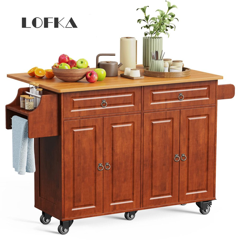 Kitchen Islands with Storage, Kitchen Island Cart with Wood Drop Leaf and Lockable Wheels, Brown