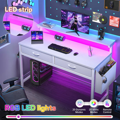 Computer Desk with LED Lights, 2 Fabric Drawers & Side Pocket, Small Desk with Monitor Stand for Home Office, Gaming, Small Spaces, White