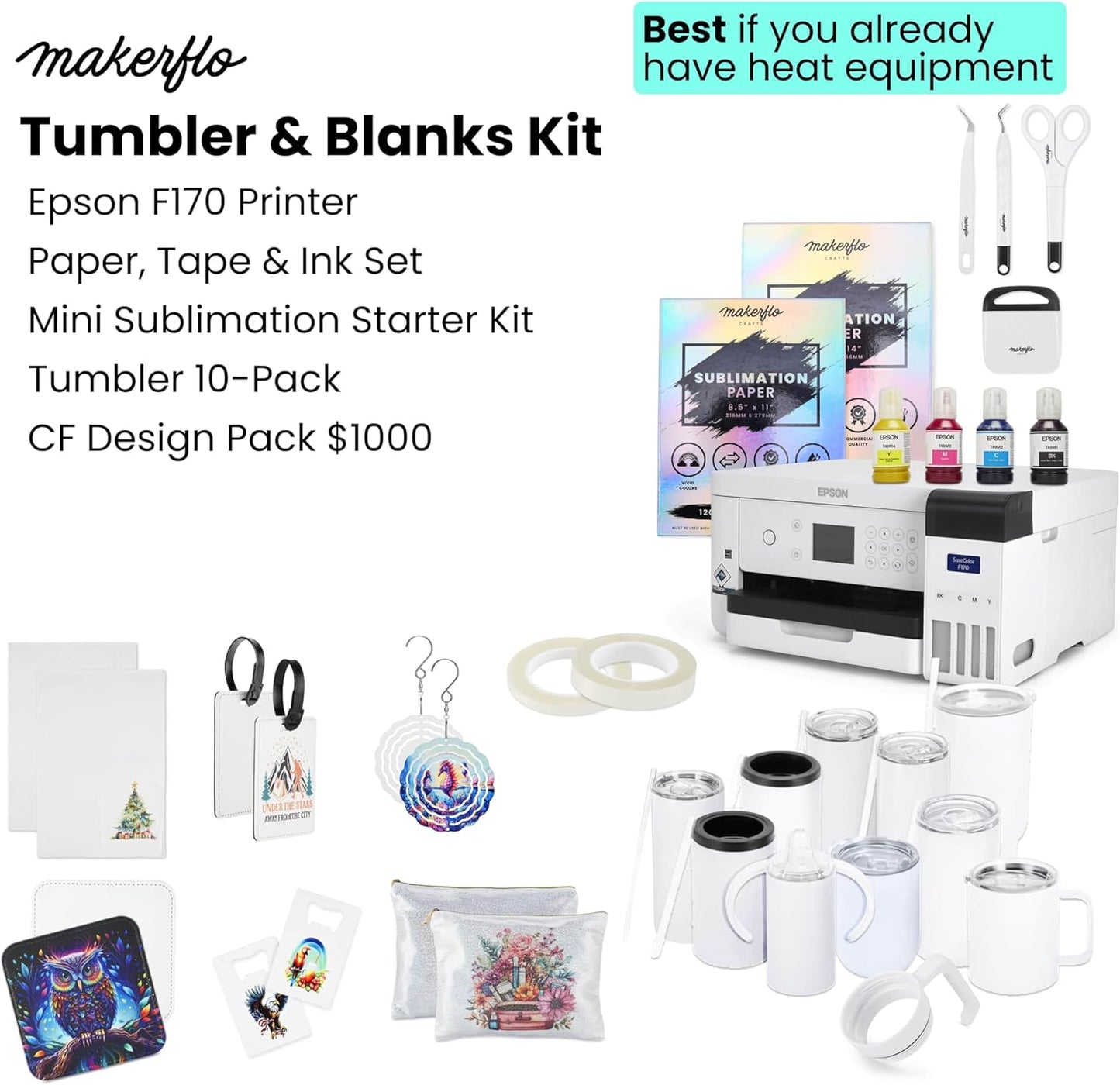 Epson Surecolor F170 Sublimation Starter Kit – Printer with CMYK Ink Set, Design Pack, 10 Sublimation Tumbler Pack, Sublimation Paper, Tape – Perfect for Beginners & Small Business