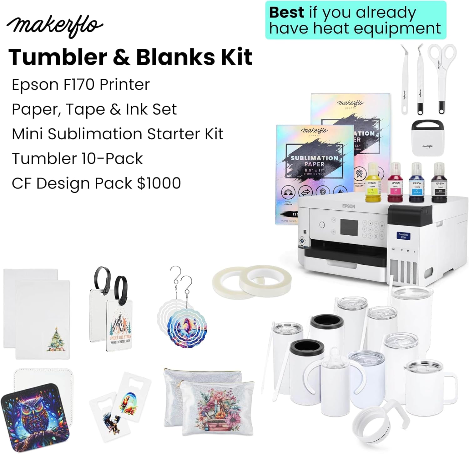 Epson Surecolor F170 Sublimation Starter Kit – Printer with CMYK Ink Set, Design Pack, 10 Sublimation Tumbler Pack, Sublimation Paper, Tape – Perfect for Beginners & Small Business