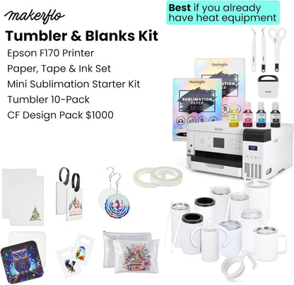 Epson Surecolor F170 Sublimation Starter Kit – Printer with CMYK Ink Set, Design Pack, 10 Sublimation Tumbler Pack, Sublimation Paper, Tape – Perfect for Beginners & Small Business
