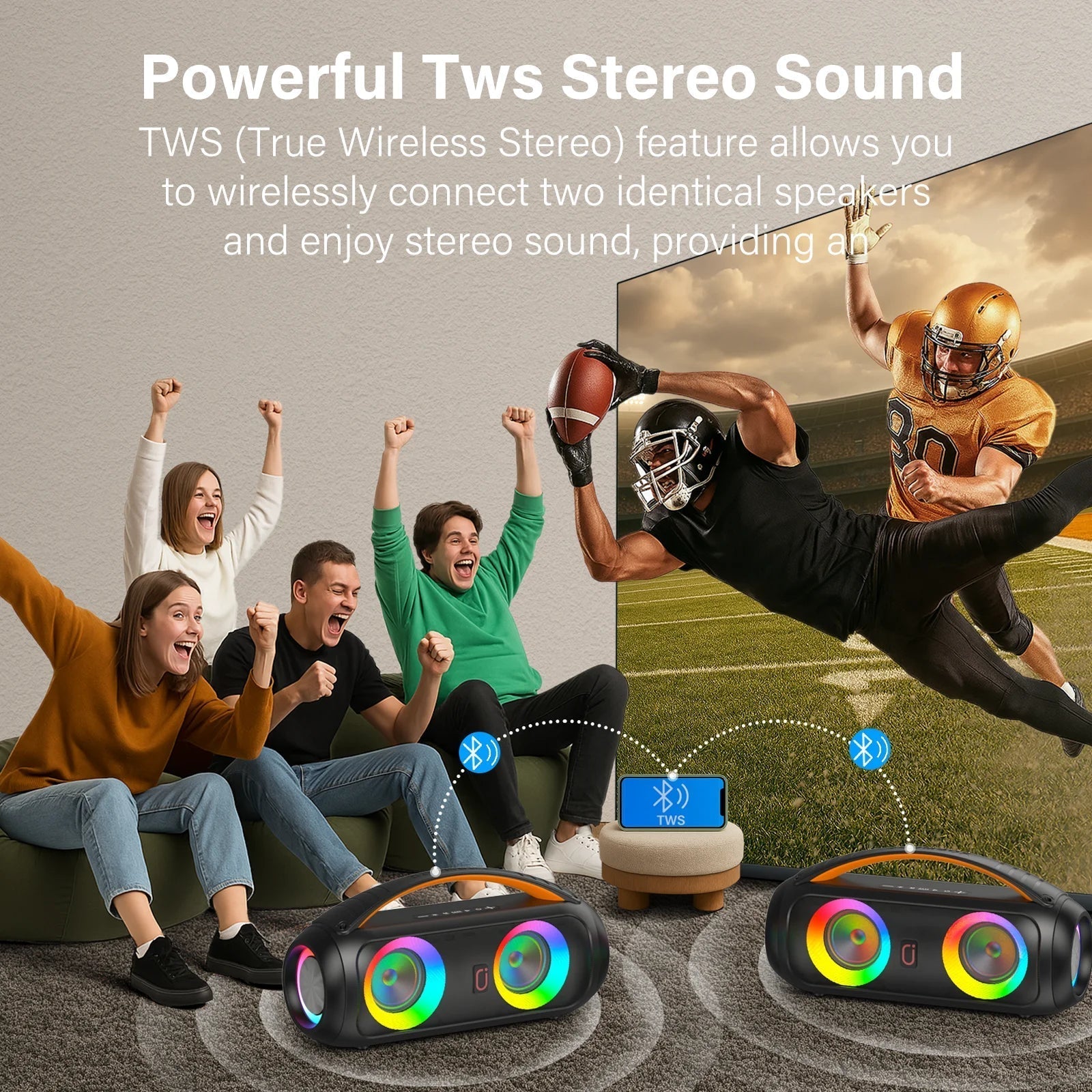 Waterproof Bluetooth Speaker, 40W Stereo Deep Bass, Portable Boombox Party Speaker, Remote Control, D16